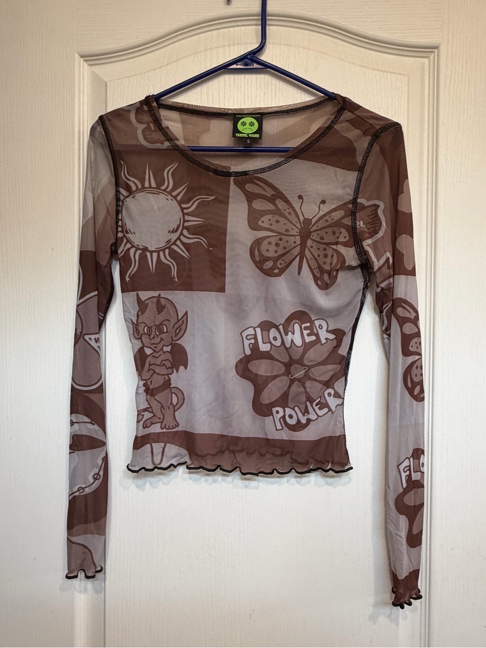 Vintage-Inspired Brown 'Flower Power' Sheer Long-Sleeve Mesh Top